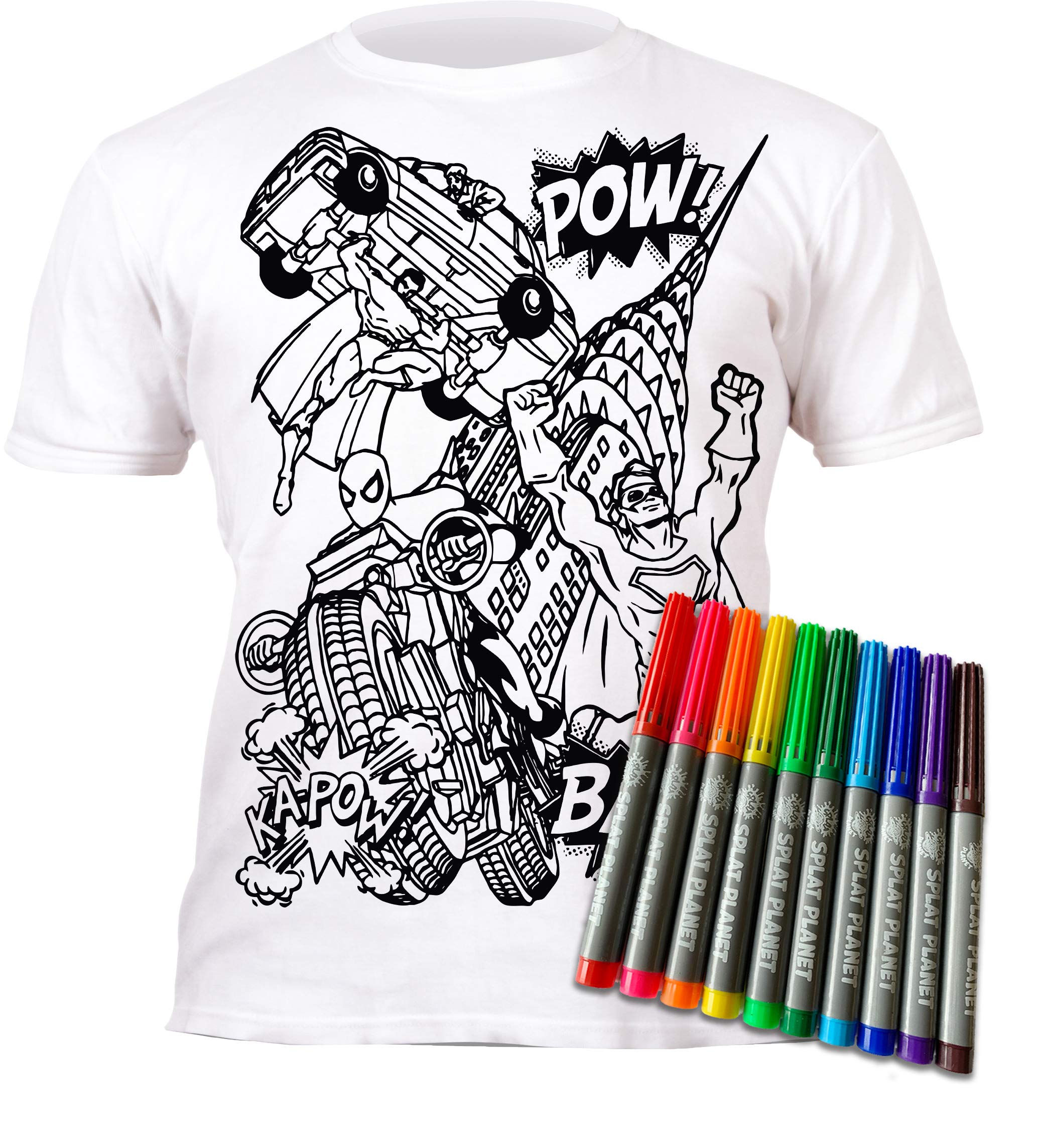 Splat Planet Colour-in Superhero Super Hero T-Shirt with 10 Non-Toxic Washable Magic Pens - Colour-in and Wash Out T-Shirt (Age 3-4) White