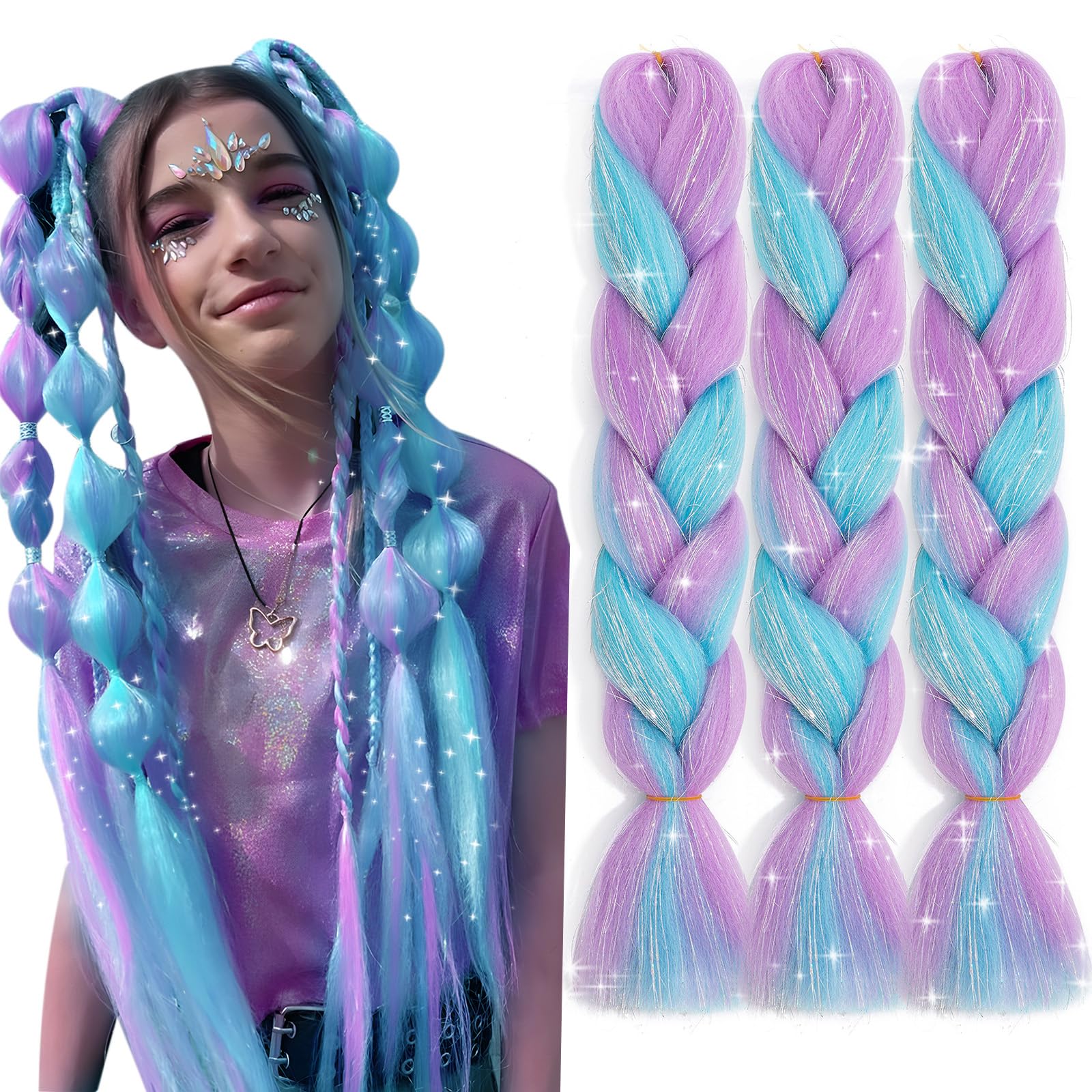 Ombre Jumbo Braiding Hair Colorful Tinsel Hair Extension 24 Inch 3pcs Heat Resistant Fiber Synthetic Braids Rainbow Hair for Women,Glitter Fake Hair for Festival Rave,Blue mix Dark Pink Glitter