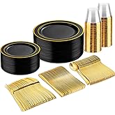 bUCLA 150 Pieces Black and Gold Disposable Dinnerware Set - 25 Guests Black Gold Plastic Plates Include 25 Dinner & 25 Dessert Plates, 25 Spoons, 25 Forks, 25 Knives, 25 Cups for Party & New Year