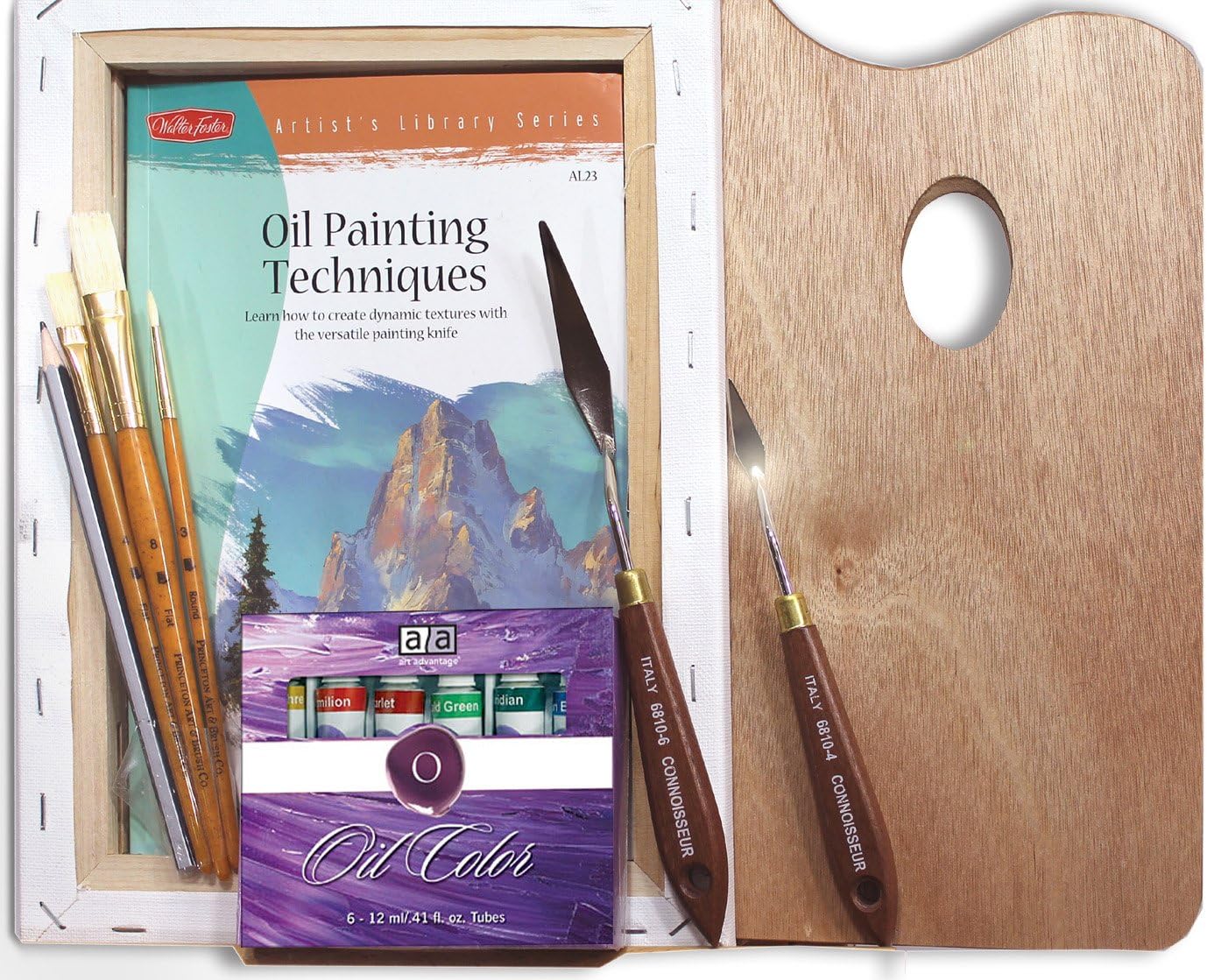 Painting Knife Oil Painting Set with 64 Page Book, 6 Tubes Oil Paint, 3 Artist Brushes, 2 Italian Painting Knives, and 1 Primed ready-to-paint 11 x 14 Stretched Canvas
