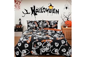 COTTOLESTER Halloween Duvet Cover Set King Size 3 Pieces,Black Cartoon Skull Comforter Cover for Kids,Festival Themed Trick or Treat Polyester Bedding Set