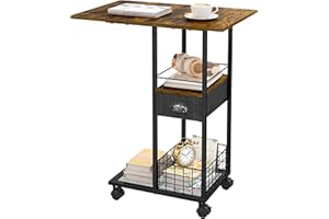 SONYABECCA Rolling C-Shaped Side Table with Wheels and Oversized Wood Top, Mobile Overbed Stand with Drawer for Bed or Sofa, Metal Frame Couch Companion for Living Room, Bedroom, or Home Office (Large Desktop)