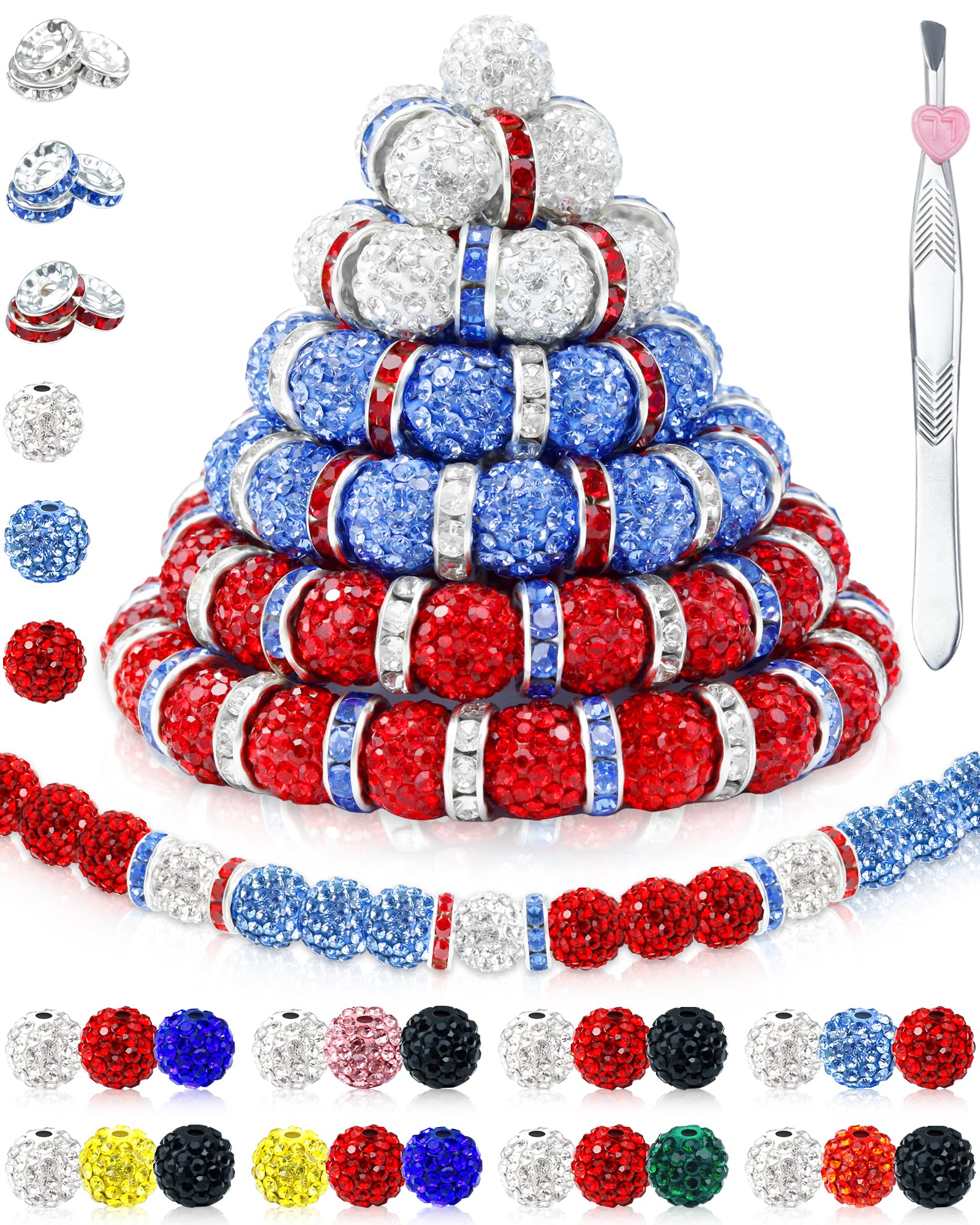 Photo 1 of 180PCS FIVEIZERO 10mm Rhinestone Beads for Jewelry Making – Sparkly Round Crystal Clay Beads & Spacers in Patriotic Baseball Team Colors for Bracelets, Necklaces & DIY Crafts (Sky Blue, Red, White)