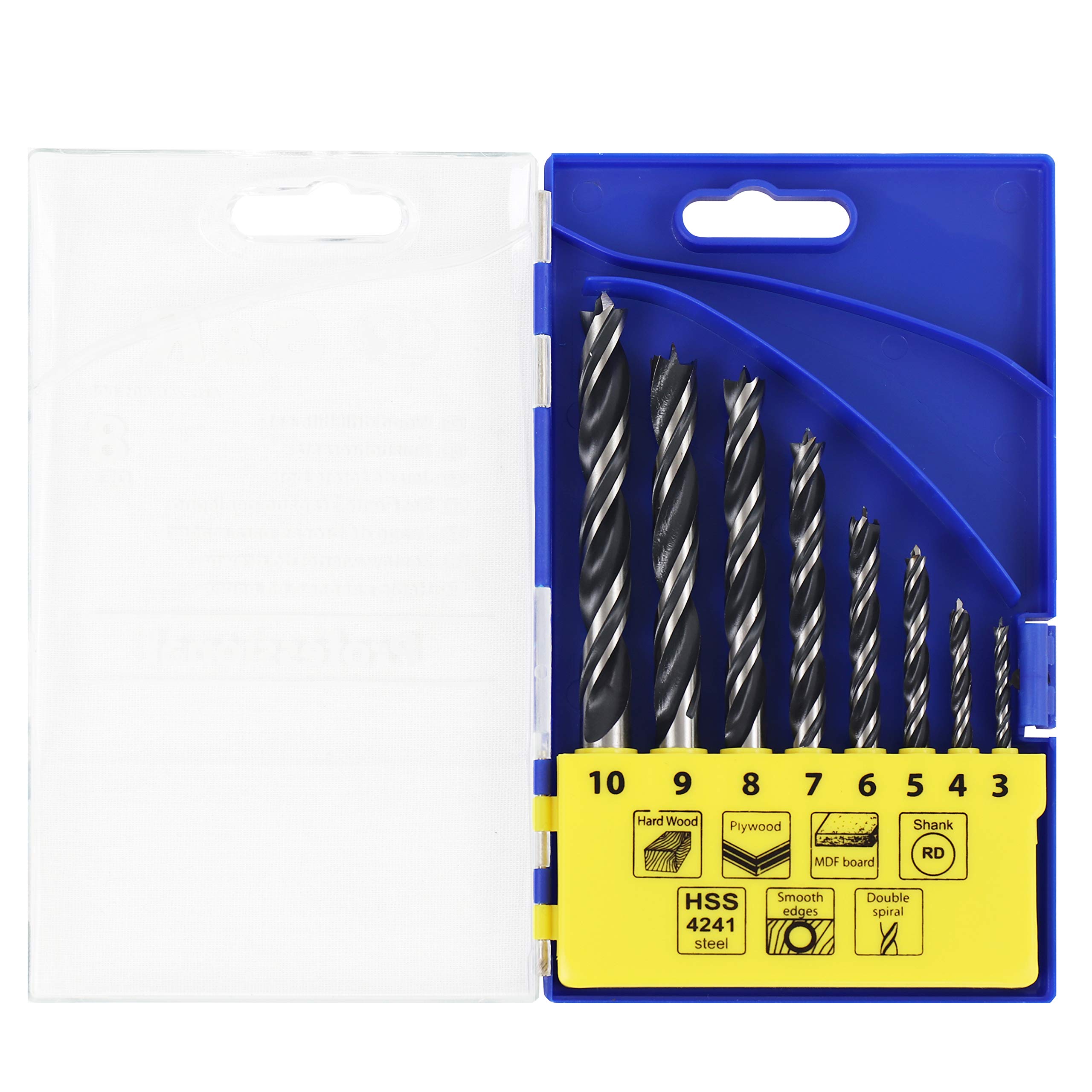 S&R Wood Drill Bit Set 8 Pieces : 3,4,5,6,7,8,9,10 mm in plastic box, HSS drill bit with special Daubel spiral, optimised drill tip