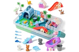 sikmcle 36 PCS Pet Sensory Bin with 2 Color of Moldable Sensory Sand,Pet Play Set and Sandbox with Lid,Pet Care Play Set for Kids Best Christmas Birthday Gift for Boys Girls 3 4 5 6 7 Year Old