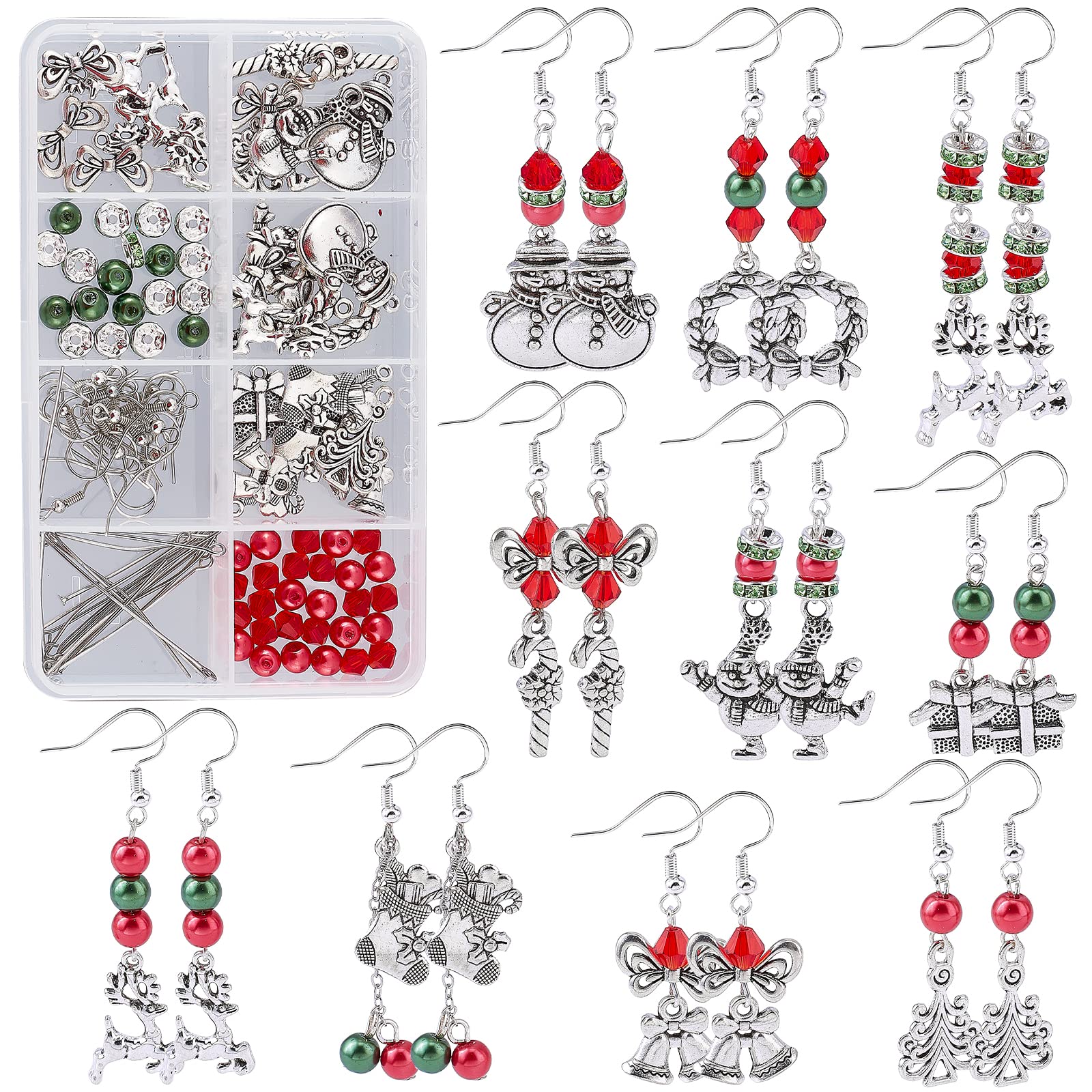 SUNNYCLUE 1 Box DIY 10 Pairs Christmas Charms Snowman Charms Earring Making kit Candy Cane for jewellery Making Reindeer Wreath Gift Box Jingle Bell Christmas Tree Pendants Instruction — image 1