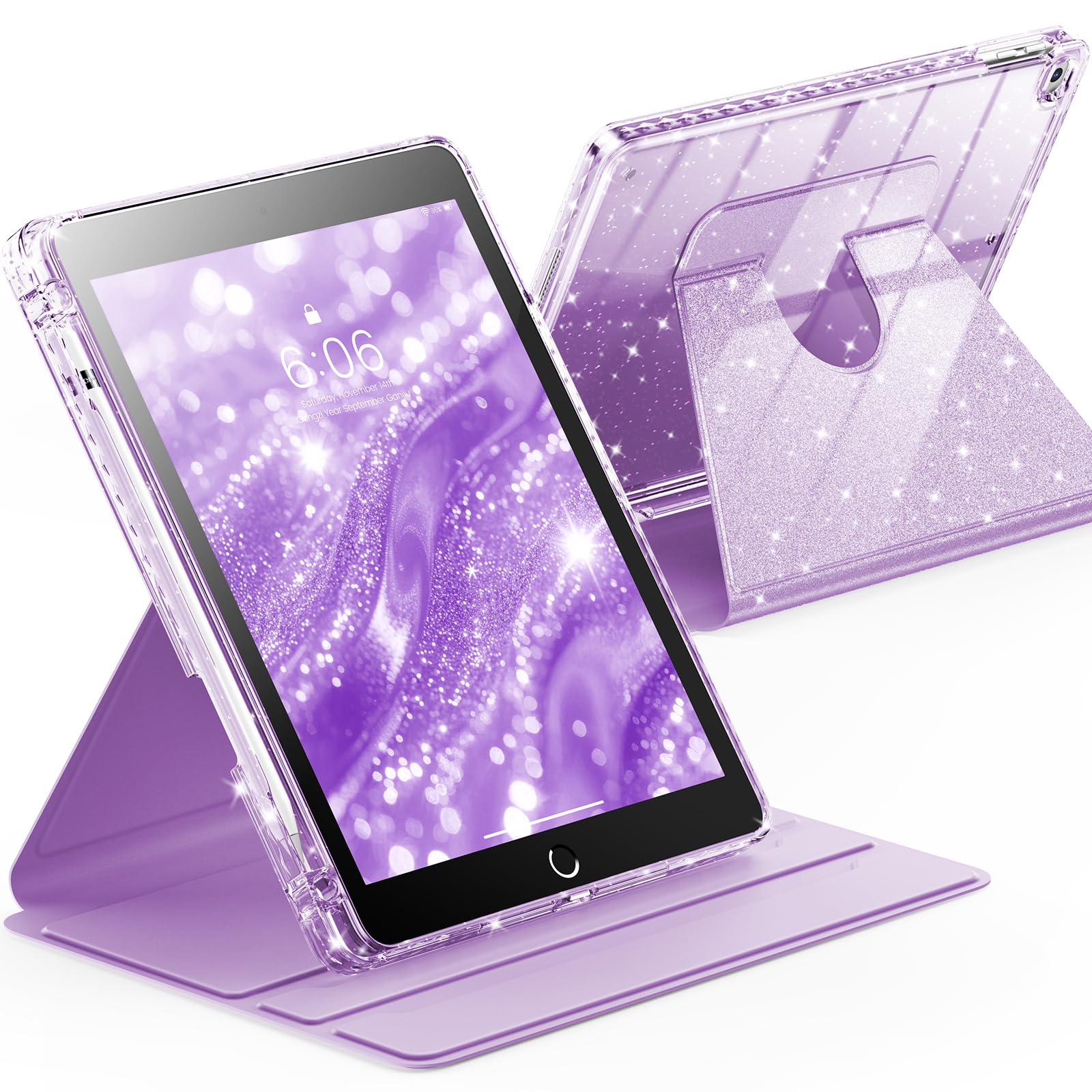 Photo 1 of INFILAND Rotating Case for iPad 6th / 5th Generation (2018/2017) iPad 9.7 Inch Case, iPad Air 2 / iPad Air 1, 360 Rotating Cute Glitter Cover with Clear Back, Pencil Holder (Light Purple)