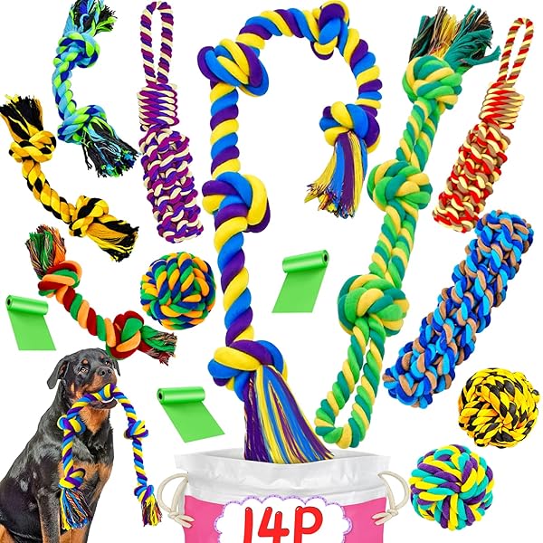 SHARLOVY XL DOG CHEW TOYS FOR AGGRESSIVE CHEWERS LARGE BREED, 14 PACK TOUGH INDESTRUCTIBLE DOG TOYS FOR AGGRESSIVE CHEWERS, DURABLE PUPPY CHEW TOYS FOR TEETHING, HEAVY DUTY COTTON ROPE TOYS
