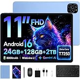 TABWEE Tablet, 11 Inch 2K Android 16 Tablets with Keyboard 24GB+128GB ROM | 1920*1200 FHD Display 24GB RAM 128GB ROM up to 2TB TF, T615 CPU 13MP Camera, 8000mAh, Widevine L1, Stylus Case Included, Blue