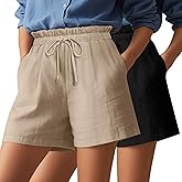 Locoowai 2 Pack Women's Linen Shorts Summer Cotton Casual High Waisted Wide Leg Drawstring Beach Short with Pockets