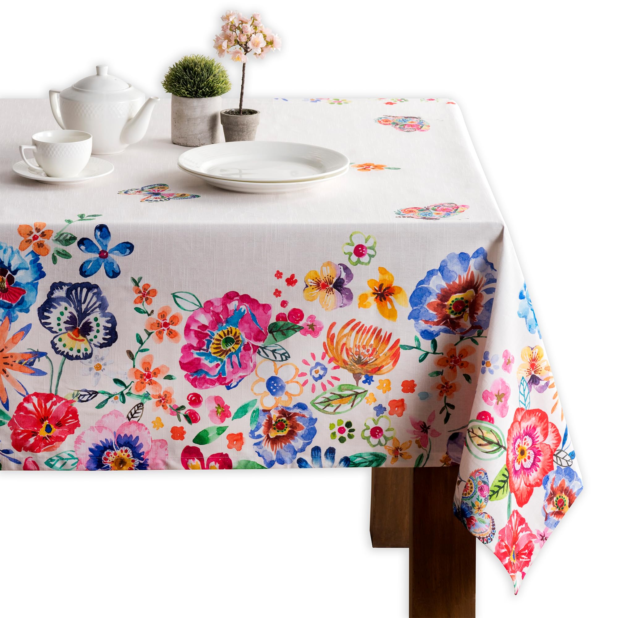 Maison d' Hermine Table Cloth Rectangle Table 100% Cotton 60 x 120 Inches Tablecloth Reusable Decorative for Dining Kitchen Farmhouse Gifts for Mothers Day Spring Summer- Happy Florals - High Summer Image
