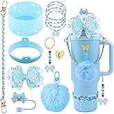 Hpebl 12PCS Accessories for Stanley Cup 40oz&30oz Tumbler Accessories including Silicone Cute Blue Bow Straw Topper Cover Silicone Stanley Boot Leather Water Handle Strap Bracelet Y2K Blue Charms