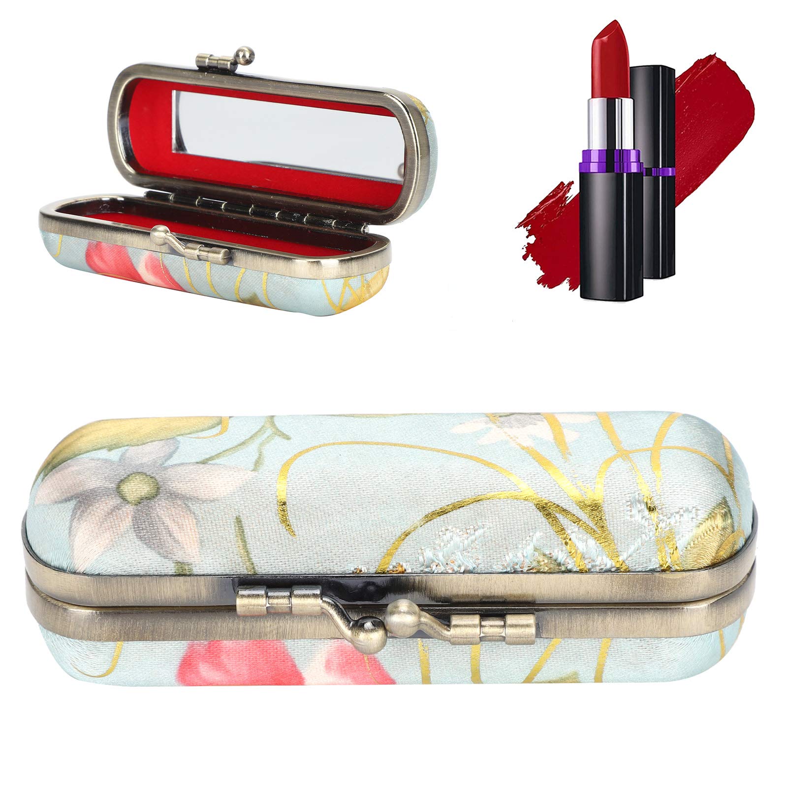 GAESHOW Embroidered Lipstick Box, Lipstick Case with Mirror, Retro Floral Lipstick Case, Classic Woven Satin Lipsticks Holder for Women Girls Makeup Storage