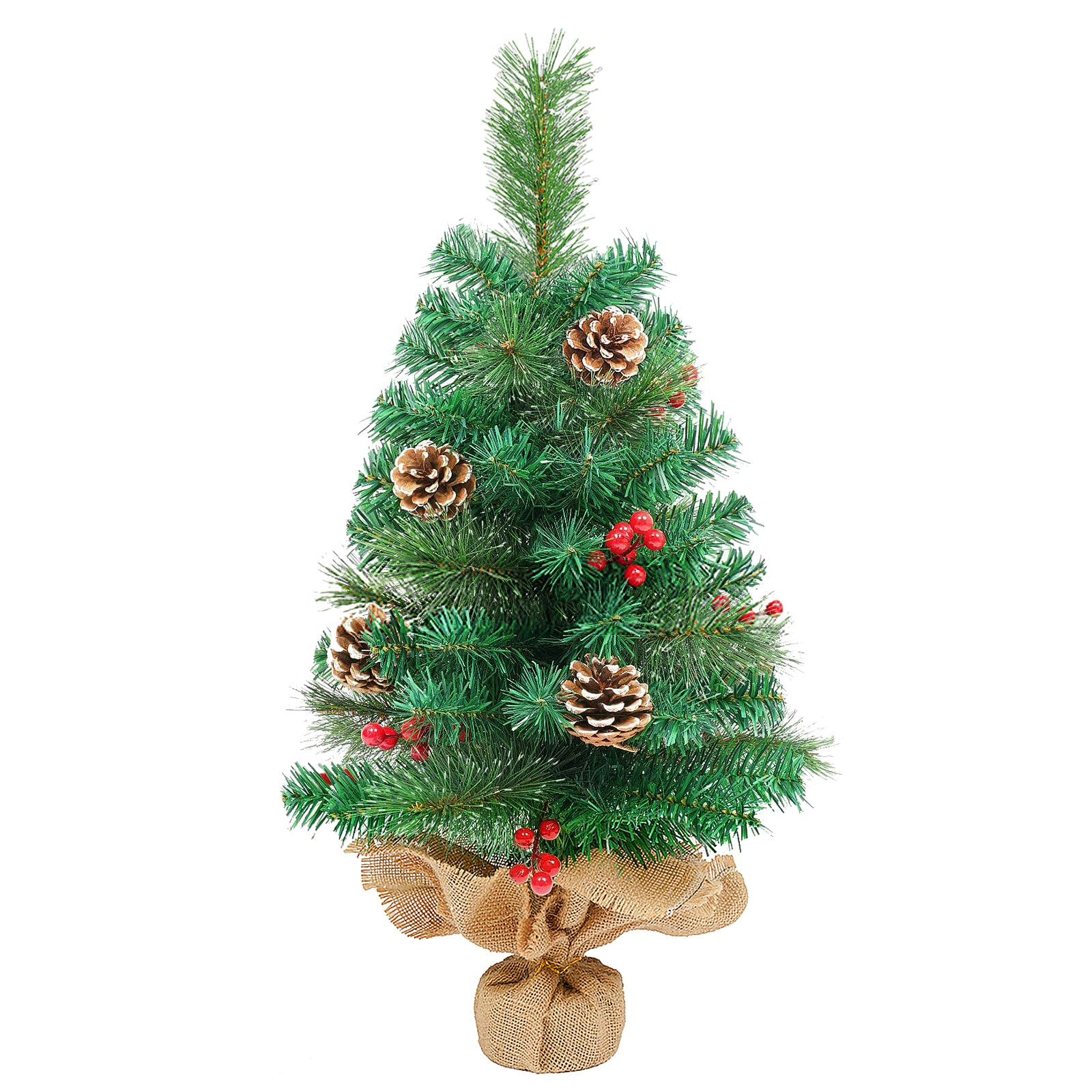 Mini Christmas Tree, 60cm Tabletop Christmas Tree Ornaments with Pine Cones and Red Berries Decoration for Xmas, Home, Kitchen, Dining Table Decor
