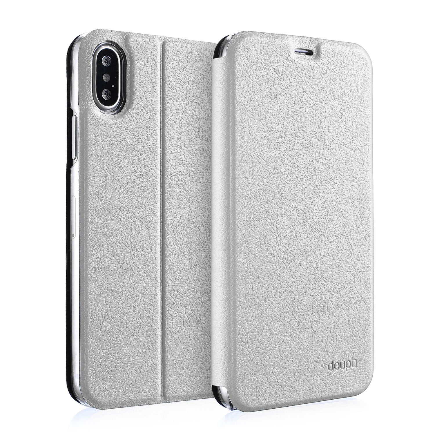 doupi FlipCase for iPhone XS (5.8 inch) - Deluxe Leatherette Magnet Book Style Screen Protector Stand Protective Flip Cover, white