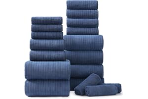 JESSY HOME 18 Piece Bath Towels Set,Soft Family Bathroom Towel Set with Hanging Loops-6 Bath Towels,6 Hand Towels,6 Washcloths,Highly Absorbent Quick Dry Shower Towel for Bathroom,Hotel,Spa-Navy Blue Towel Set