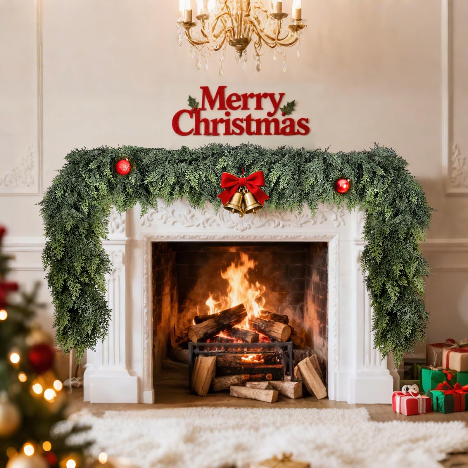 Photo 1 of 2 PCS 6 FT Real Touch Cedar Garland - Christmas Cedar Garlands for Mantle, Realistic Green Artificial Greenery Pine Garland for Table, Fireplace, Stairs, Wall, Indoor, Outdoor Home Decor (2, 6 FT)