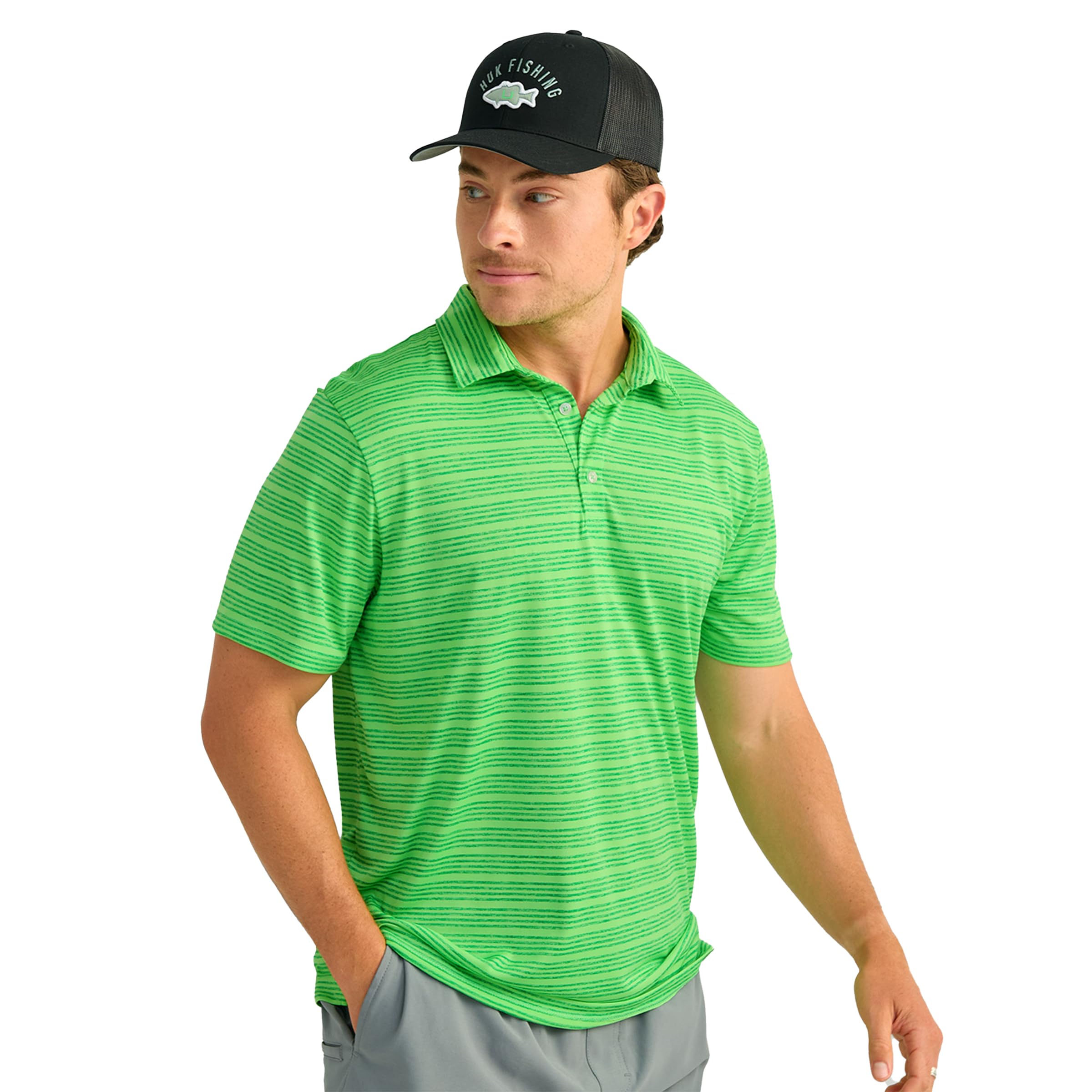 HUK – Mens Pursuit Pattern Polo, Performance Short Sleeve Polo Shirt, Summer Green, Small