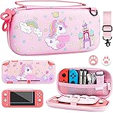 FUNDIARY Pink of Unicorn Carrying Case for Nintendo Switch Lite, Cute Travel Cases Girl Accessories Kit with Slim Potrable Storage Bag, Soft TPU Cover Case and Thumb Caps