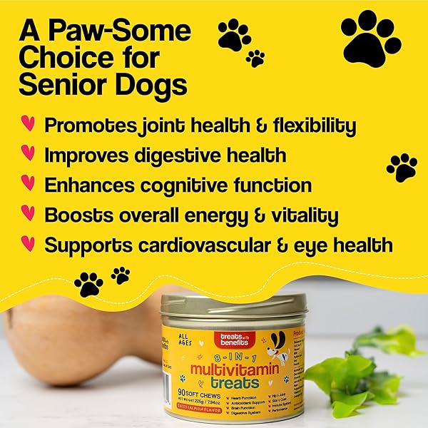 TREATS WITH BENEFITS DOG ALLERGY RELIEF – 8 IN 1 MULTIVITAMIN DOG CHEWABLES FOR SENIOR DOGS ALLERGIES – ANTIOXIDANT SUPERFOOD PET VITAMINS FOR DIGESTION, HIP, JOINT, HEART, BRAIN HEALTH, 90 SOFT CHEWS