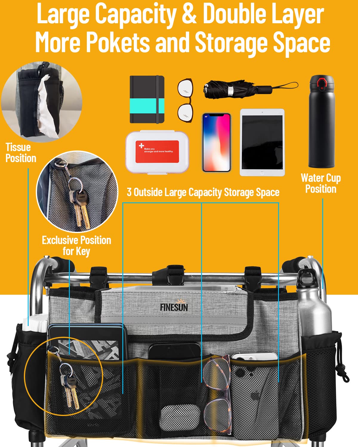 FINESUN Walker Bag with Visual Phone Pocket, Walker Storage with Cup Holder, Best Gift for Grandmas, Walker Accessories for Seniors, Grandparents, Mobility Aid Accessory Pouch for Elderly, Grey