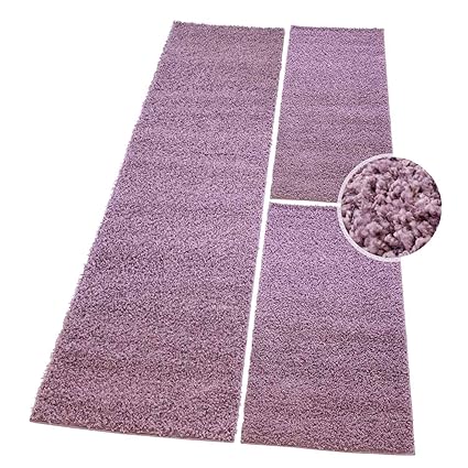 carpet city Shaggy Bettumrandung Hochflor-Teppiche in Pastell-Lila, Einfarbig für Schlafzimmer, 3-teiliges Läufer-Set: 2X 70x