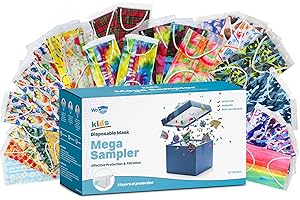 WECARE Disposable Face Masks For Kids, Variety Mystery Box - 50 Assorted Colored and Print Masks, Individually Wrapped