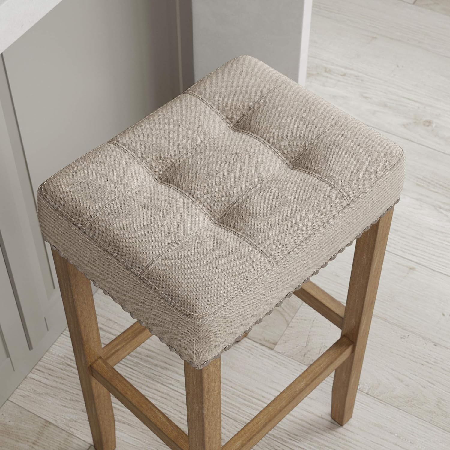 Nathan James Hylie Nailhead Wood Pub-Height Kitchen Counter Bar Stool 29", Natural Flax/Light Brown: Furniture & Decor