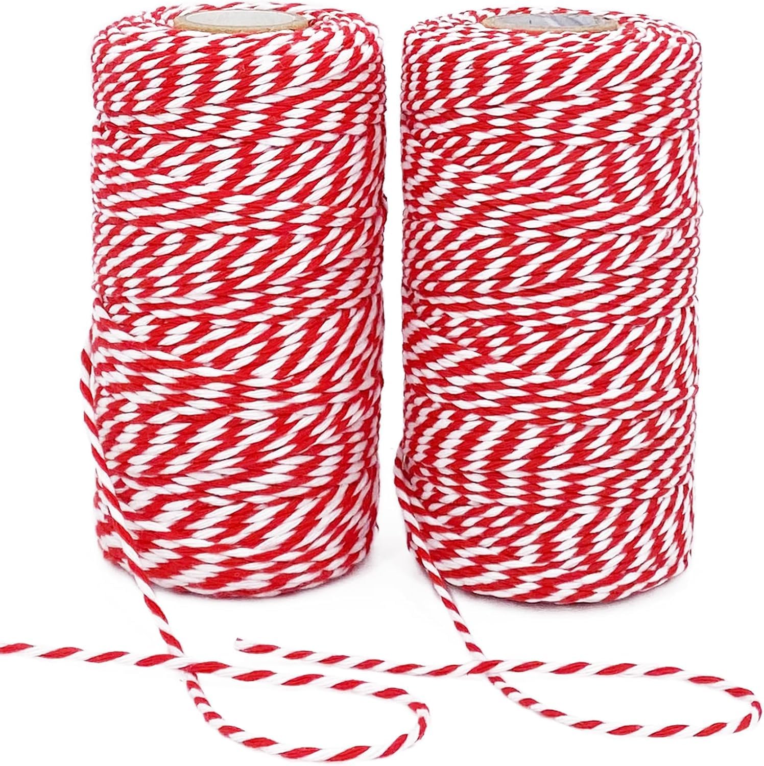 Christmas 2 Rolls 200m Bakers Cotton Twine String - Natural Red White Butchers Twine Cord for Gift Wrapping, Baking, Arts Crafts, Gardening,DIY,Home Decor