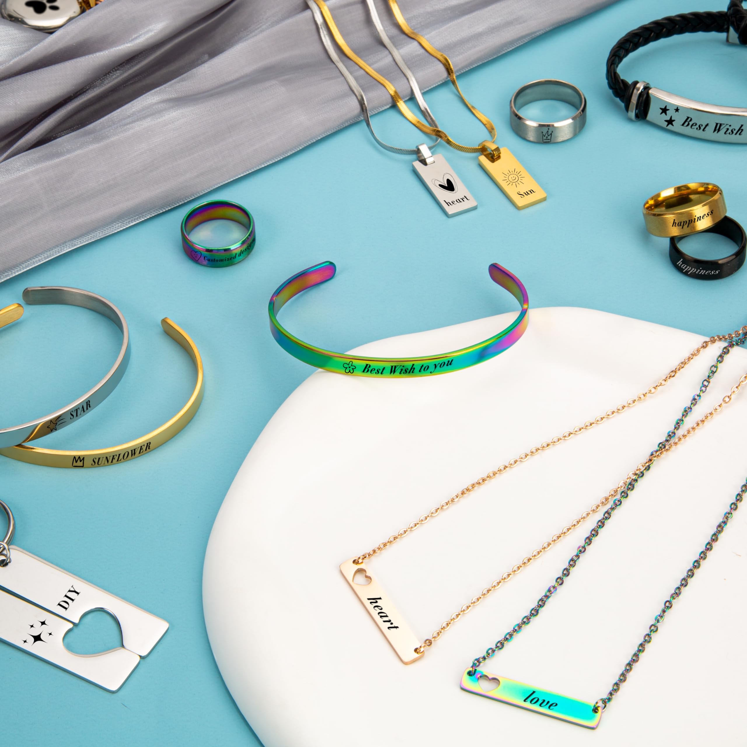 Csyidio 105 PCS Laser Engraving Materials, Jewelry Making Engraving Accessories for All Laser Engravers with Instructions, 45 PCS Stainless Steel Necklace, Pendant, Bracelet, Ring for Laser Crafting