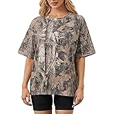 MSBESYOR Camo Shirt for Women Maple Leaf Print Short Sleeve Crewneck T-Shirts Summer Oversized Tee Shirts Streetwear