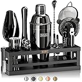 BARE BARREL® Mixology Bartender Kit Bar Set | 16-Piece Cocktail Shaker Set | Martini Barware Mixing Tools for Home Bartending | Incl. 35 Recipe Cards | Gift Set (24oz Cobbler Shaker, Jet Black/Black)