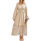 Simplee Women's Boho Flowy Long Sleeve Maxi Dress Square Neck Empire Waist Smocked Swing Wedding Guest Dress