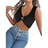 COOUFE Women's Tank Tops Sexy Deep V Neck Sleeveless Shirts Y2k Night Out Crop Top with Ring