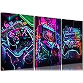 BGFCE Game Room Decor Posters Set of 3 - Neon Gaming Accessories Theme Canvas Wall Art, Gamer Console Paintings Picture Wall Decor for Children Youth Boys Bedroom 12x16 inch Framed