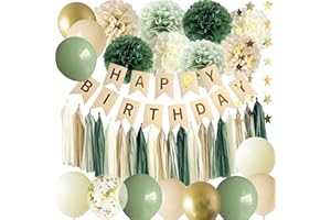 ANSOMO Sage Green Happy Birthday Party Decorations Retro Green Nude Ivory Dark Olive Kraft Paper Banner Balloons Neutral Rustic Boho Blush Safari Botanical Greenery Wild Décor Supplies Women Adults