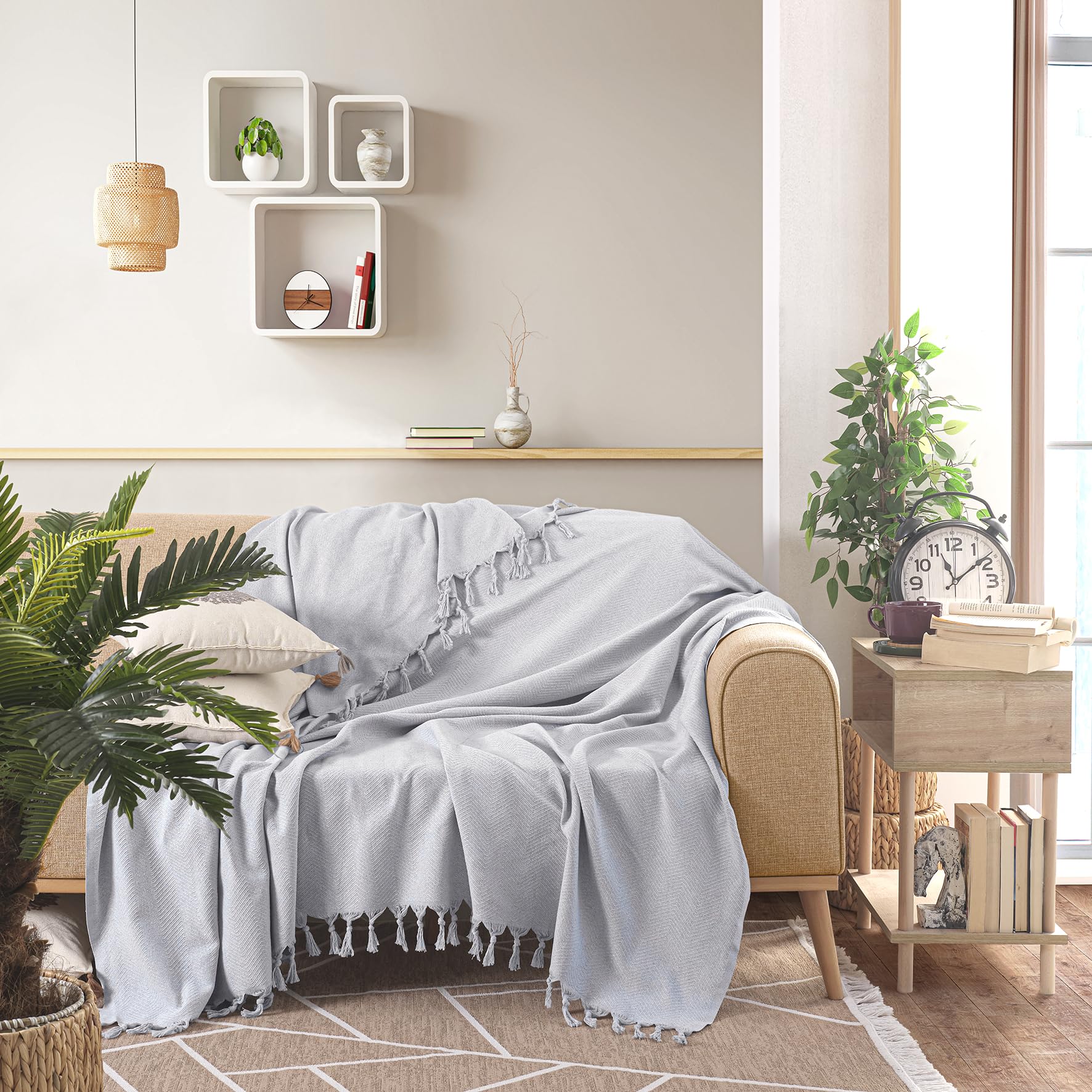 Milam London Cotton Large Throw For Sofas | Beds | Settees | Bed Throw Double Size | Sofa Throws Large 2 Seater | Cotton Blanket | 200 x 230 cm Silver Grey