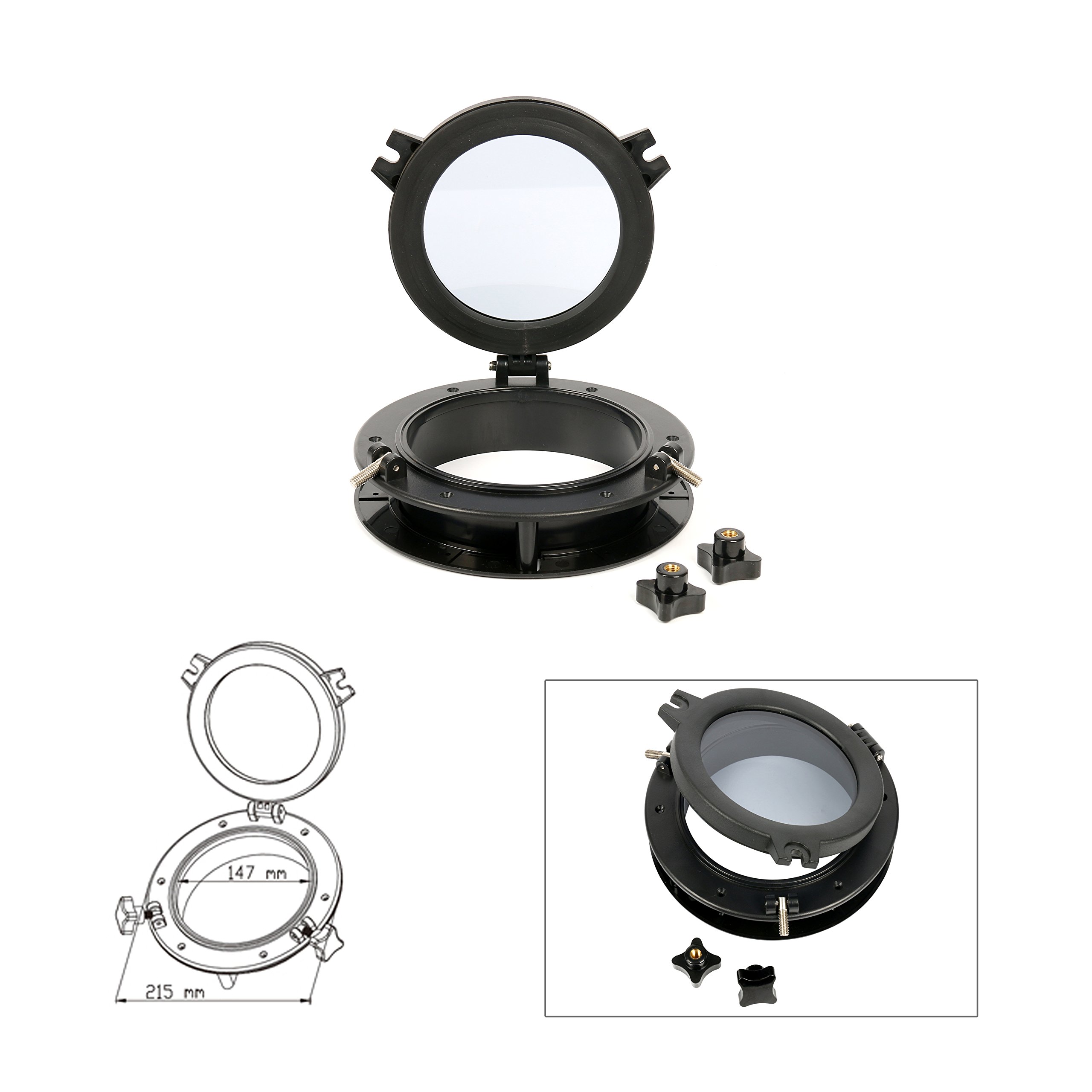 Amarine Made Boat Yacht Round Opening Portlight Porthole 8" Replacement Window Port Hole - ABS Tempered Glass, Color: Black, White