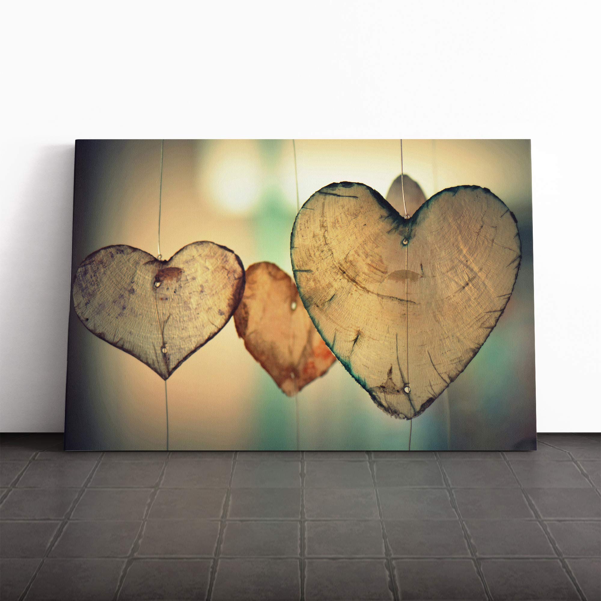 Wooden Hearts Canvas Print | Gallery Wrapped 30mm Frame Wall Art | 20x14 inches | Ready to Hang | Modern Picture | Living Room Bedroom Lounge Office