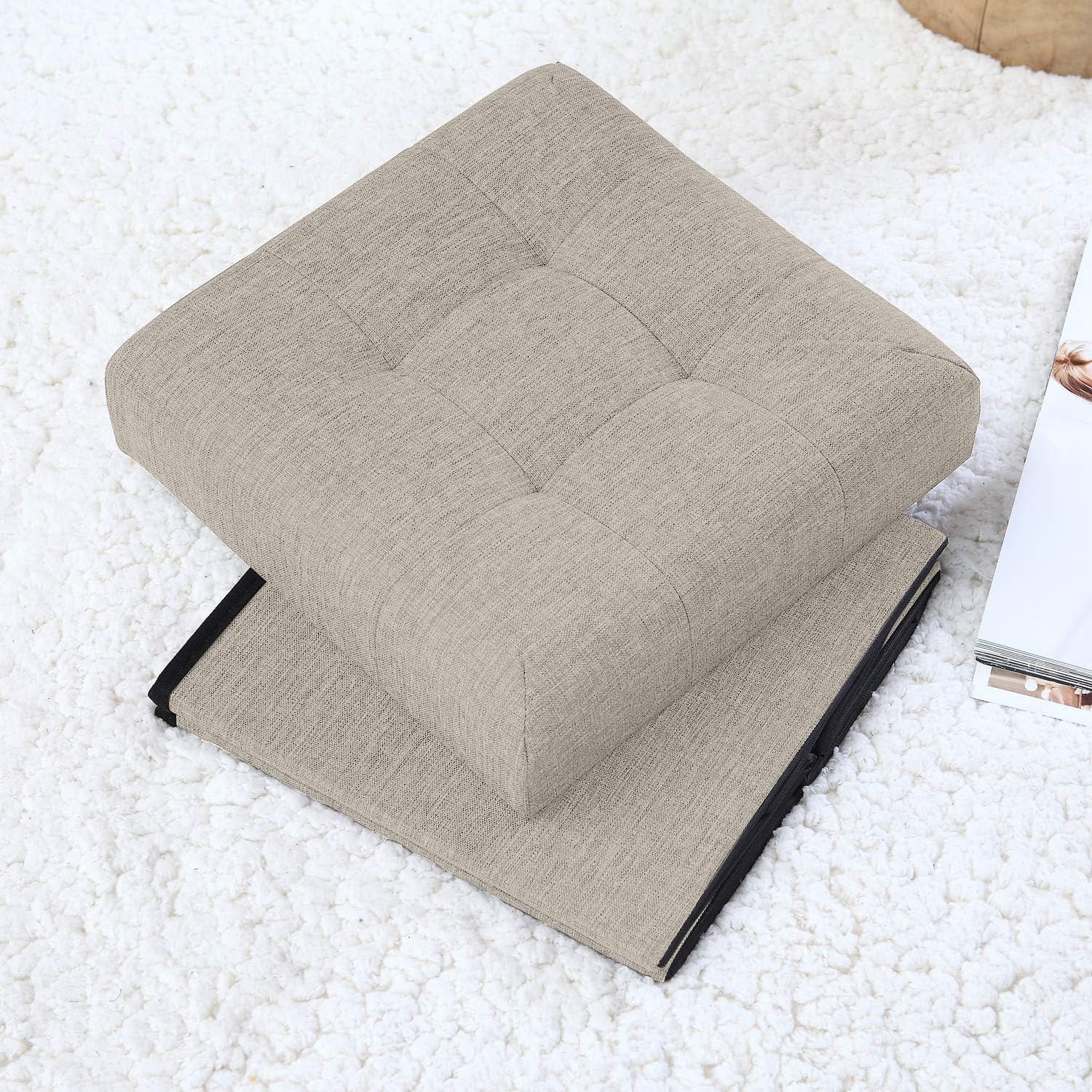 Ornavo Home Foldable Tufted Linen Storage Ottoman Square Cube Foot Rest Stool/Seat - 15" x 15" x 15" (Beige): Furniture & Decor