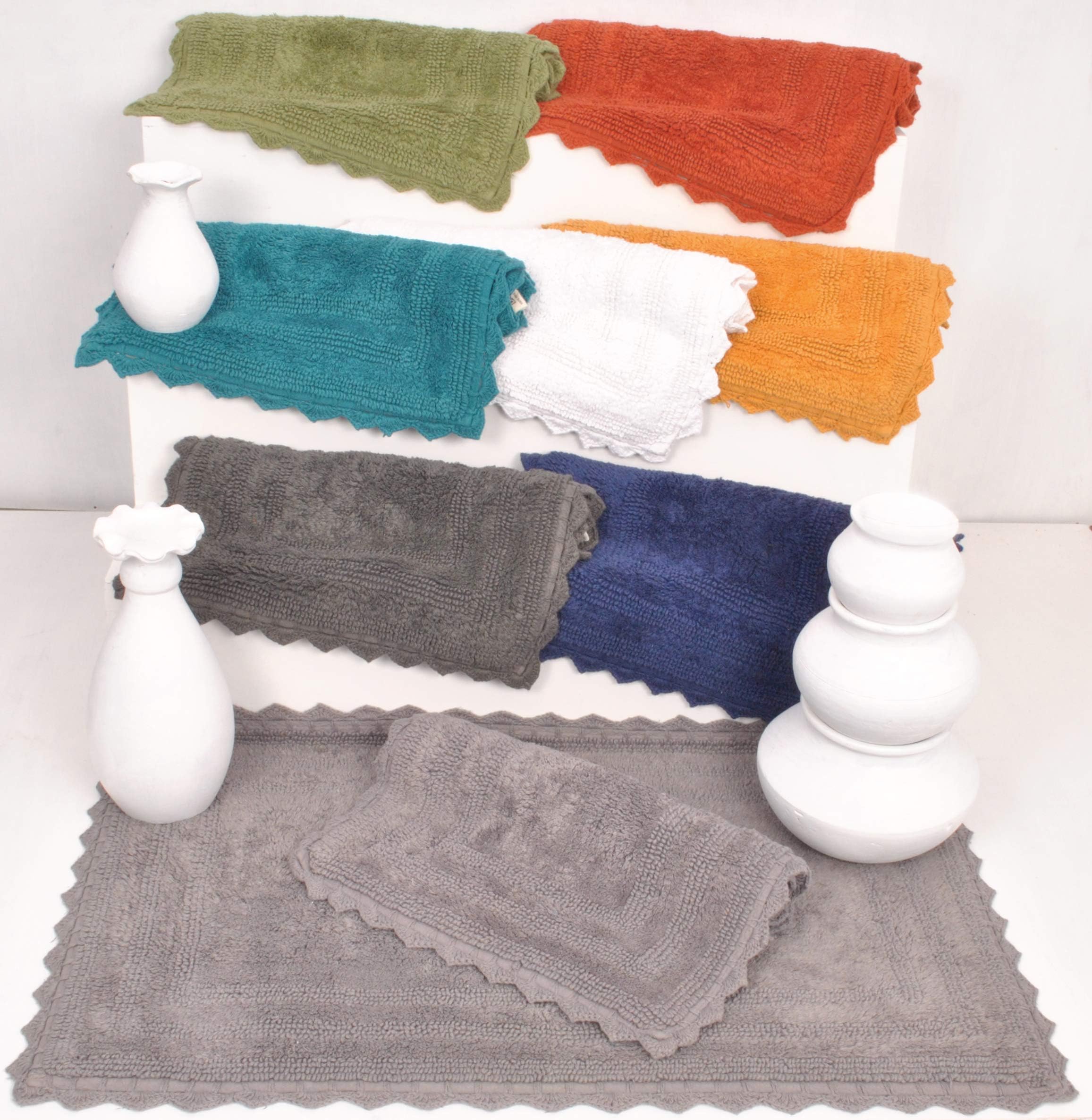 Urban Style Decor Bath Rugs Set of 2 100% Soft Reversible Crochet Border Cotton Bathmat Hand Tufted Non Slip 2200 GSM Quality (Rectangle 17 x 24/17 x 24 Set, Grey)