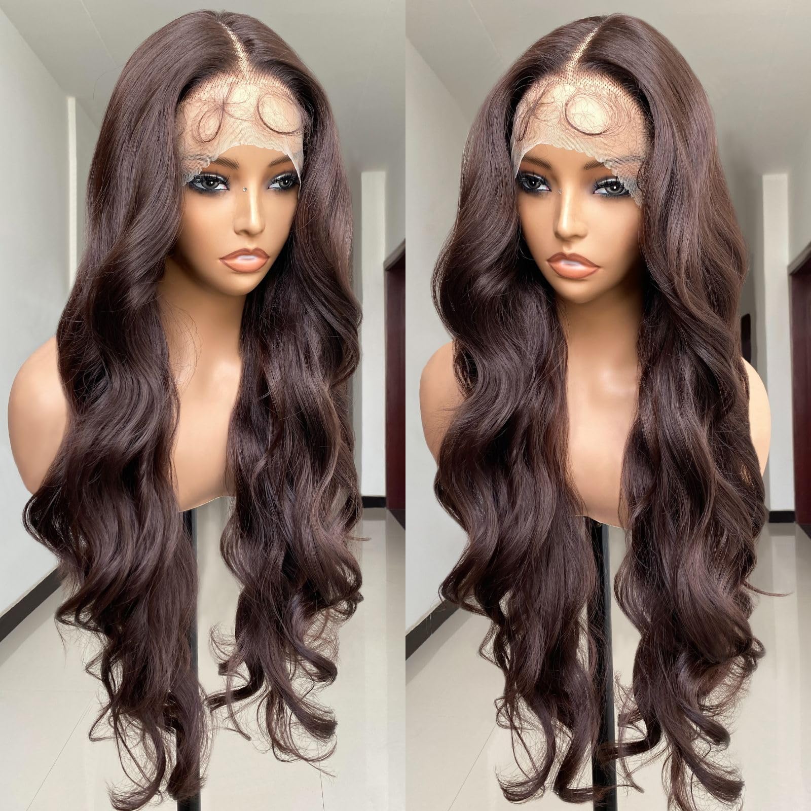 Photo 1 of SISgrace Chocolate Brown Lace Front Wigs Synthetic Body Wave Wear and Go 13x4x1 T-part Lace 28 Inch Pre-Plucked with Baby Hair HD Glueless Lace Front Wig for Women