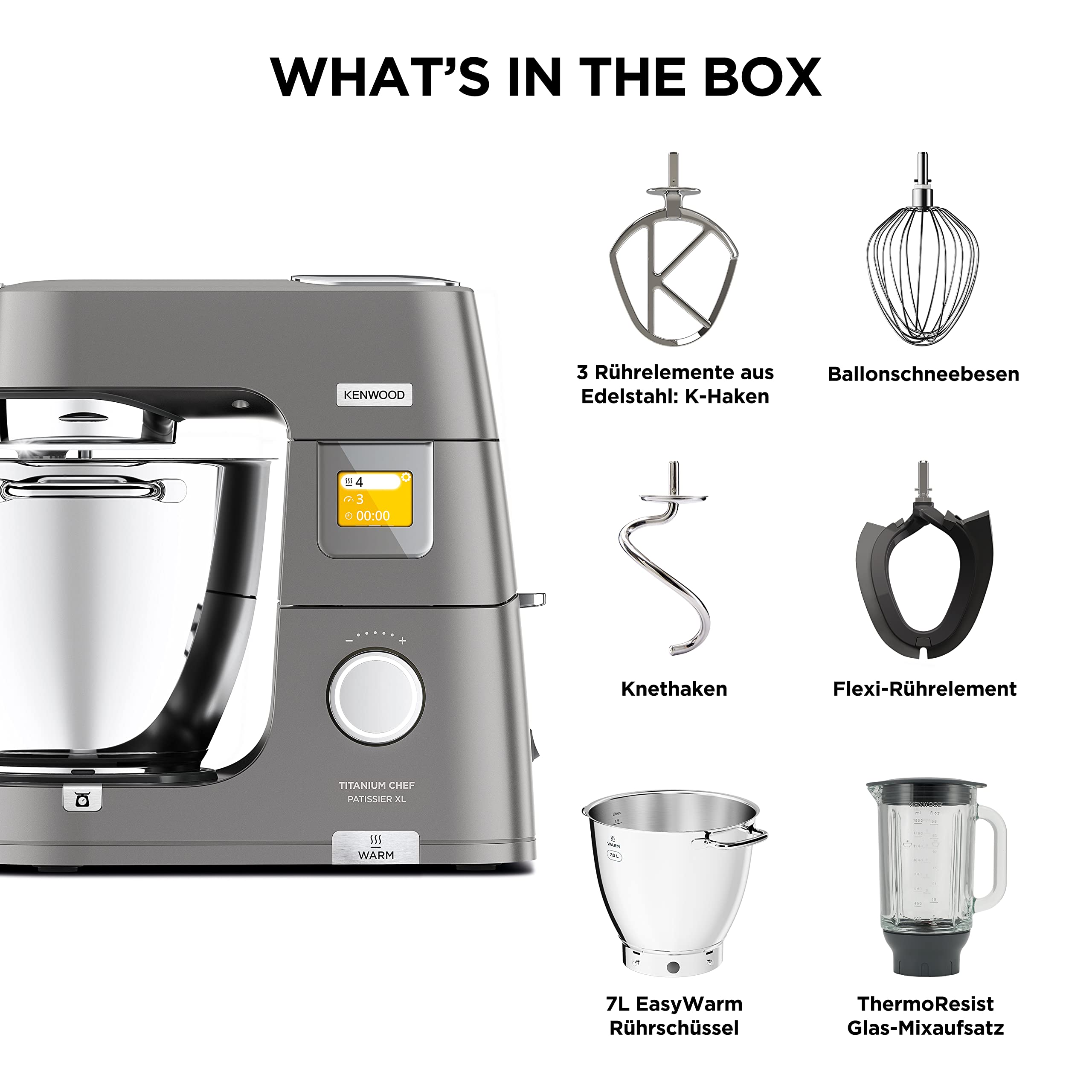 Kenwood Titanium Chef Patissier XL KWL90.034SI – Küchenmaschine mit integrierter Waage & 7 L Rührschüssel mit Wärmefunktion, 1400 Watt, inkl. 4-teiligem Patisserie-Set, silber 6