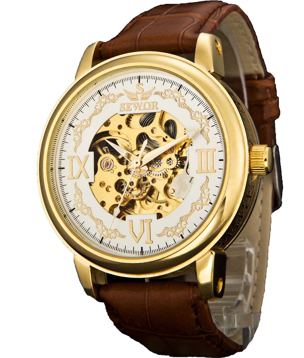SEWOR Crusader Orologio da polso meccanico con scheletro trasparente a mano da uomo con cassa in pelle marrone e oro (Oro & Bianco)