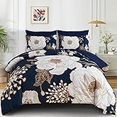Luxudecor Floral King Comforter Set 7 Pieces Bed in a Bag, White Flower Print on Navy Blue Bedding Set, Soft Reversible Comforter with Sheet Set 104"x90"