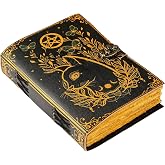 Blank Spell Book of Shadows Journal Little Witch Cat Printed Witchcraft Supplies Wiccan Notebook Handmade Vintage Deckle Paper Grimoire Journal Leather Sketchbook, Drawing Journal (7 X 5)