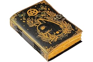 SH SHIFAA HANDICRAFT Blank Spell Book of Shadows Journal Little Witch Cat Printed Witchcraft Supplies Wiccan Notebook Handmade Vintage Deckle Paper Grimoire Journal Leather Sketchbook, Drawing Journal (7 X 5)