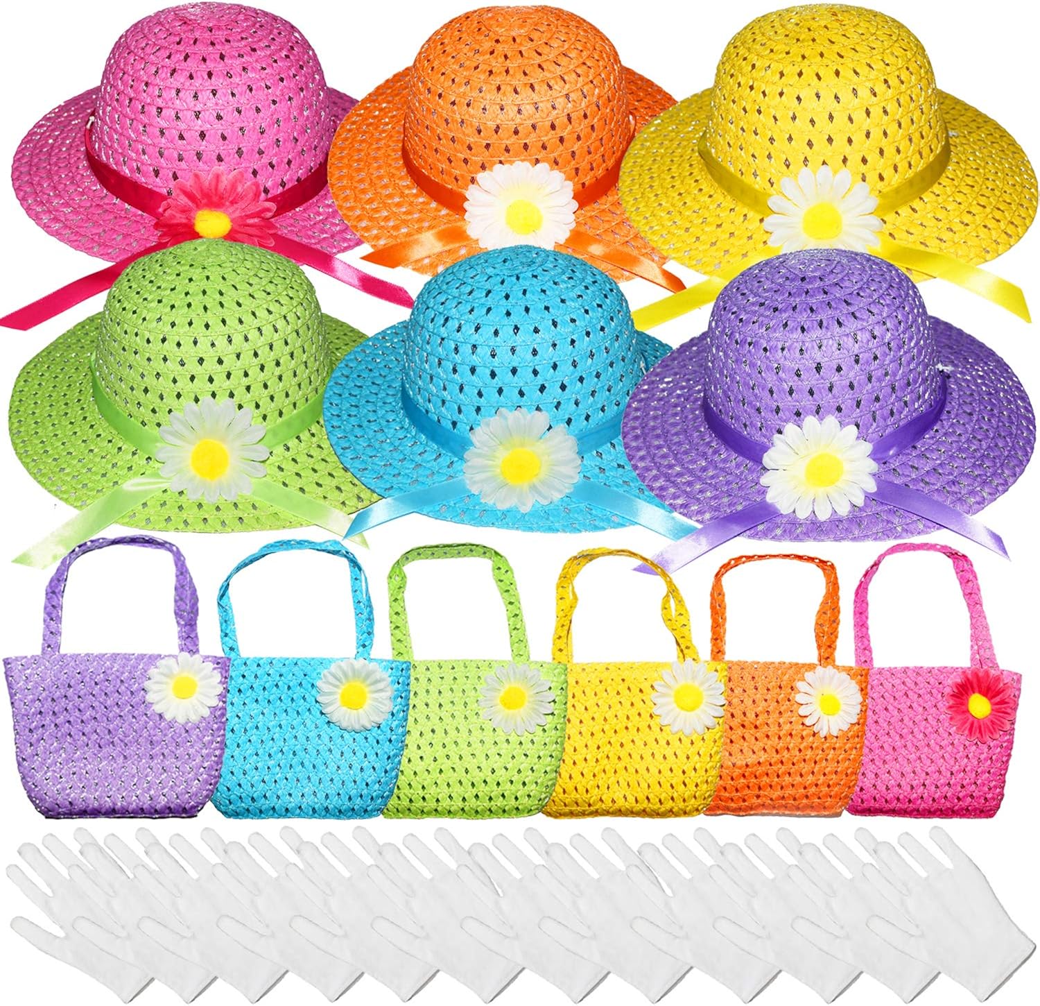 Vegove 6 Girls Tea Party Straw Hats Princess Country Girl Dress Up with Purse and Glove: Clothing