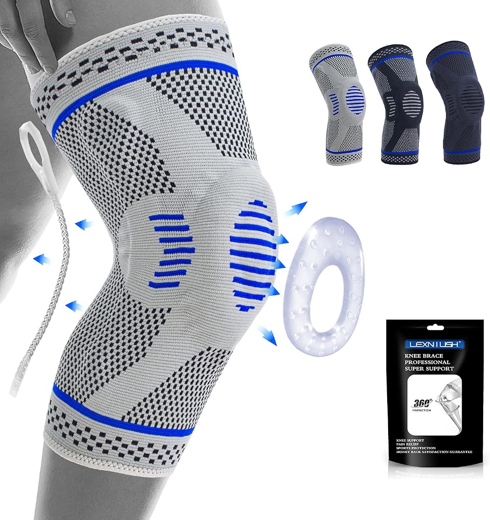 Lexniush Knee Support Brace Mens Womens Patella Gel Pads Side Stabilizers Grey M