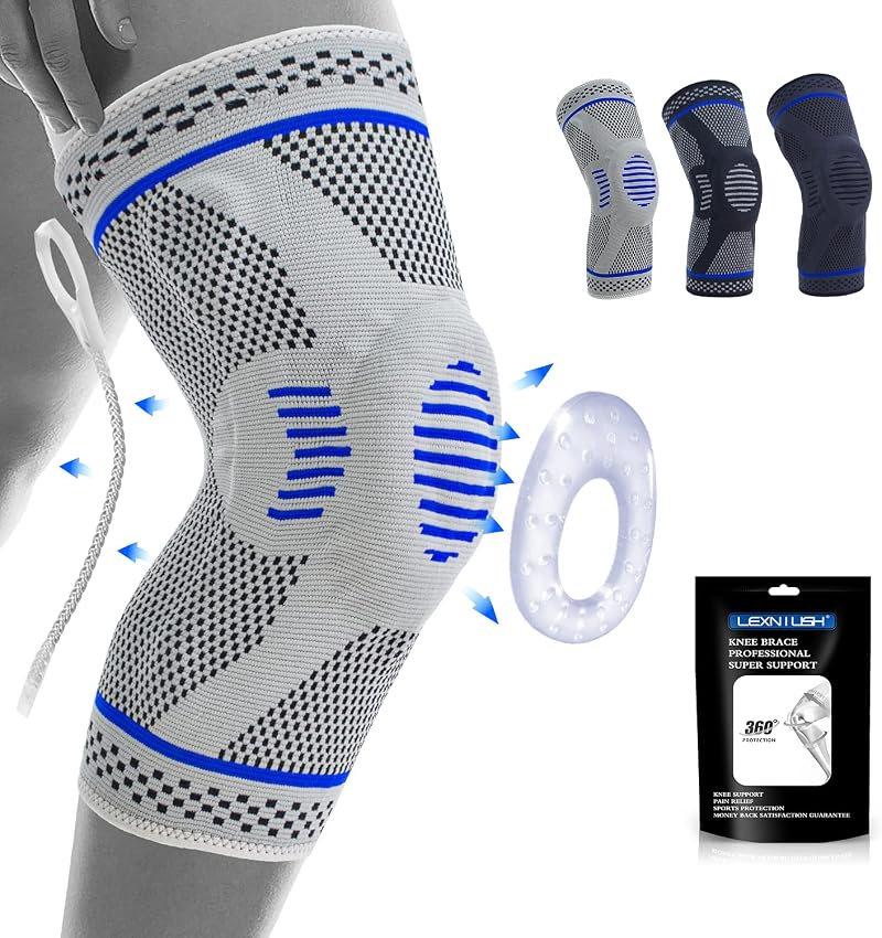 Lexniush Knee Support Brace Mens Womens Patella Gel Pads Side Stabilizers Grey M